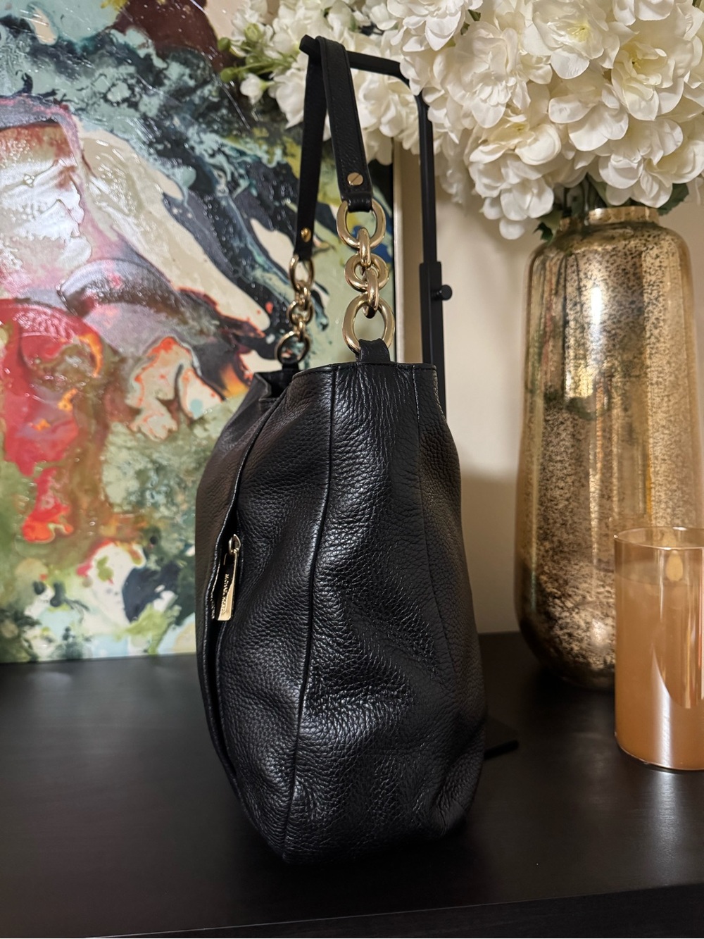 Michael Kors Black Pebbled Leather Hobo Shoulder Bag with Gold Hardware - Picture 2 of 9